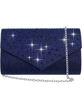 〽️ Women's Navy Blue Glitter Rhinestone Clutch Purse Chain Strap Evening Bag